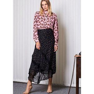 NWT Ghospell Sister Jane Black Micro Floral Chiffon  Lace Asymmetrical Midi XS
